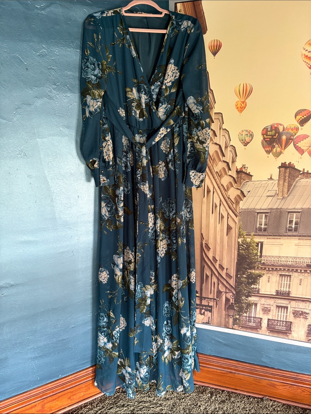 Teal Floral Maxi Dress - Elegant Long Sleeve Wrap Style